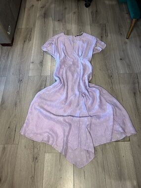 Lilac Midi Dress Swiss Dot Med Ruched Sleeves Slit Flowy V Neck Cottagecore Boho